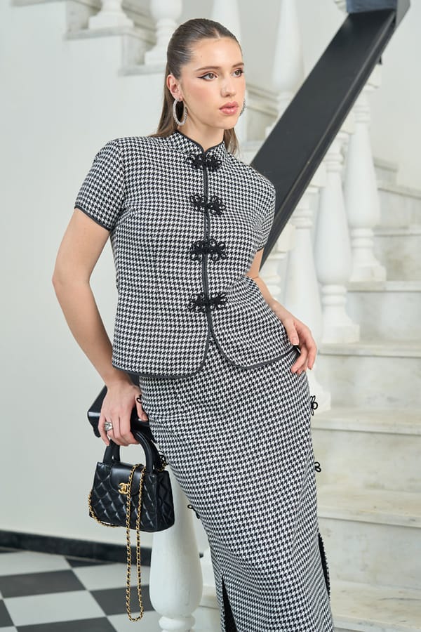 Black/White Houndstooth Tweed Top with Bow Front Detail — AVERIE