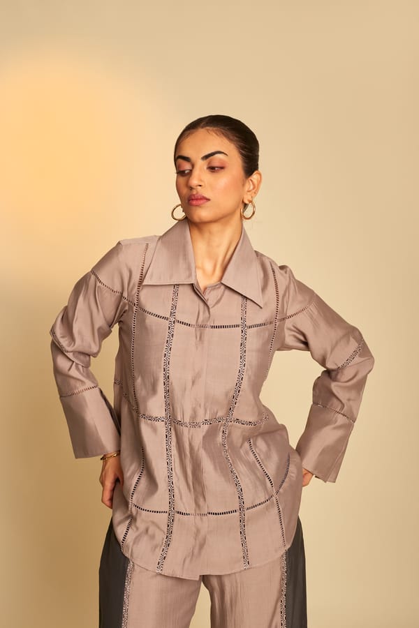 Taupe Lace-Insert Shirt and Wide-Leg Pants Co-ord Set — An'era by Asmita Verma