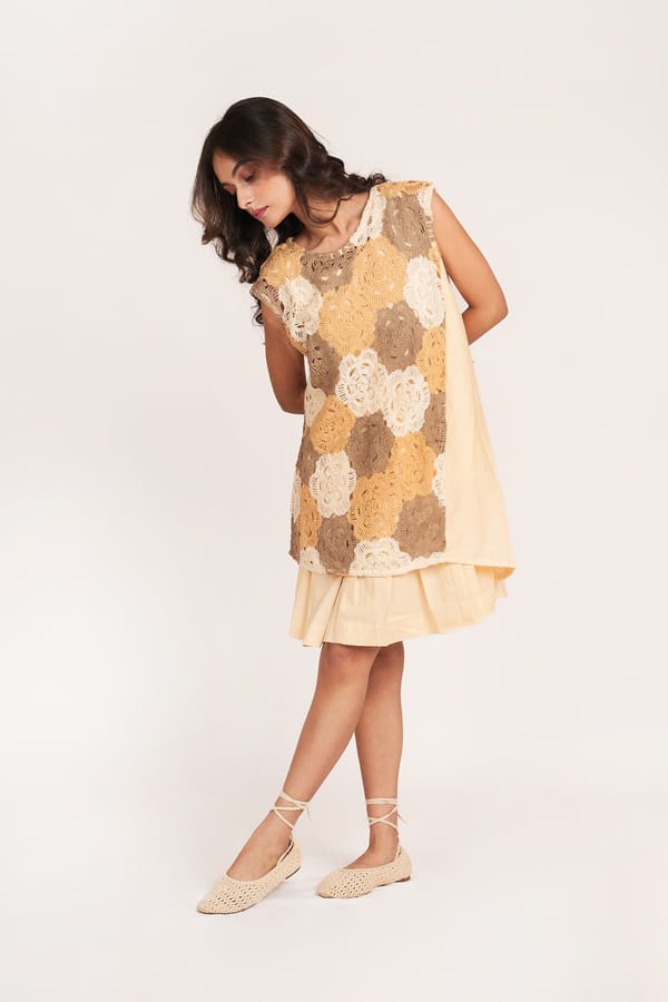 Yellow Layered Crochet Floral Mini Dress — 9899