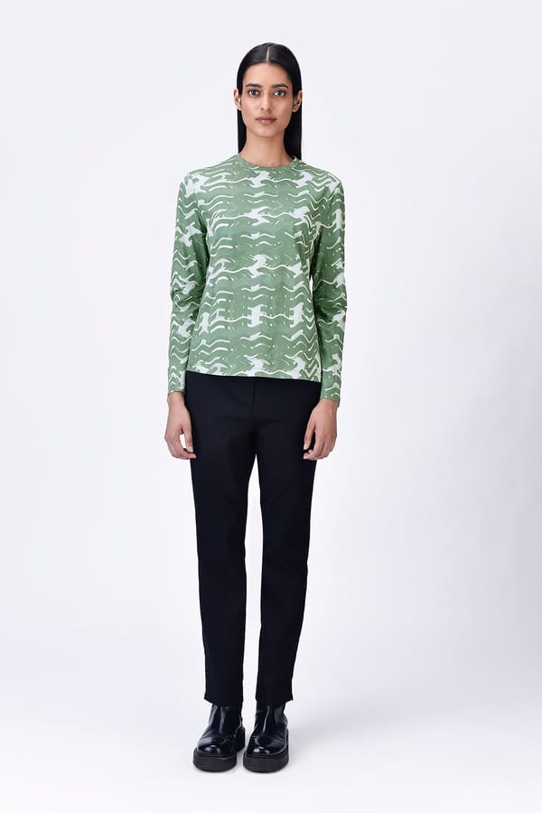 Taupe Printed Crew Neck Long Sleeve T-Shirt — Genes Lecoanet Hemant