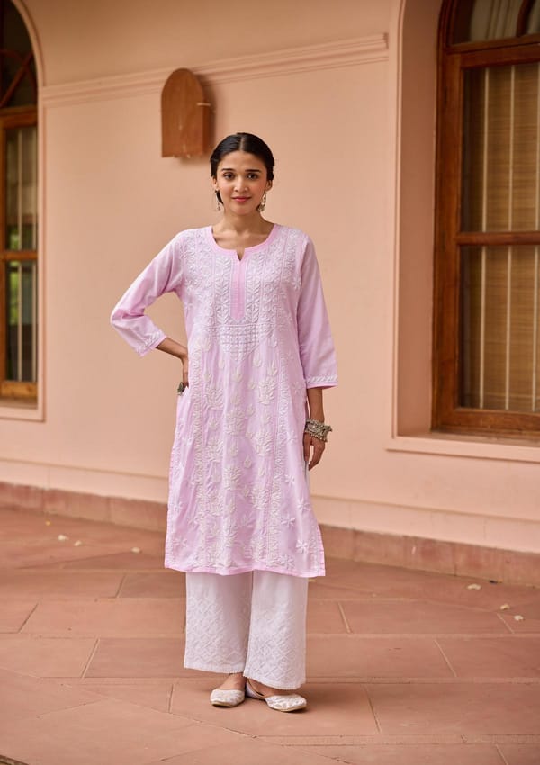 Cotton Chikankari Solid Women'S Long Kurta — House Of Chikankari