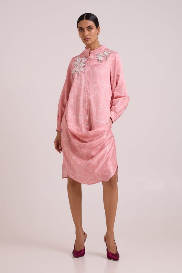 Rose Water Pink Printed Shirt Dress with Yoke Embellishment — Madder Much