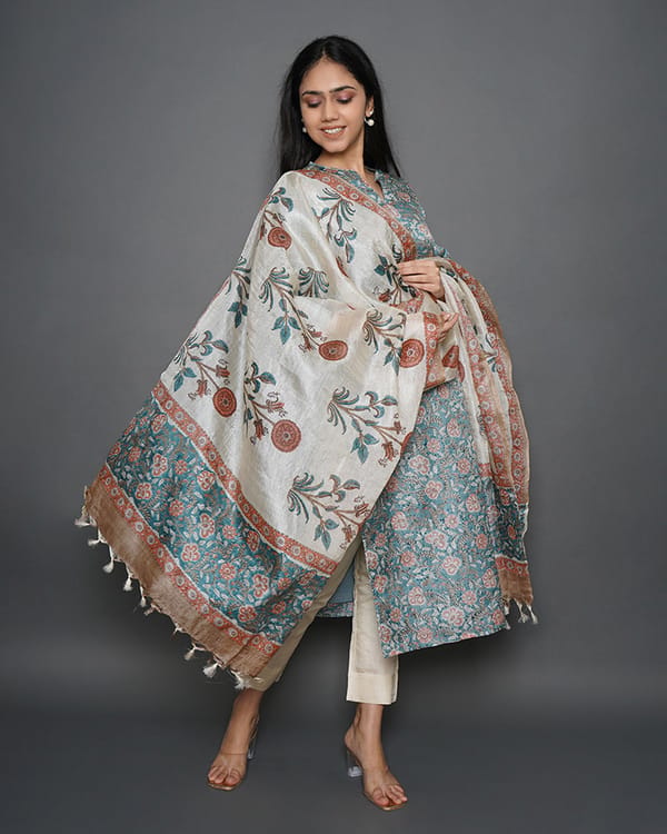 Carolina Blue Handblock Print Tussar Silk Kurta — Kameez
