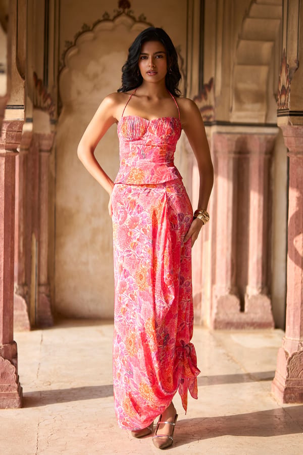 Floral Printed Pleated Corset & Draped Skirt — Dash and Dot