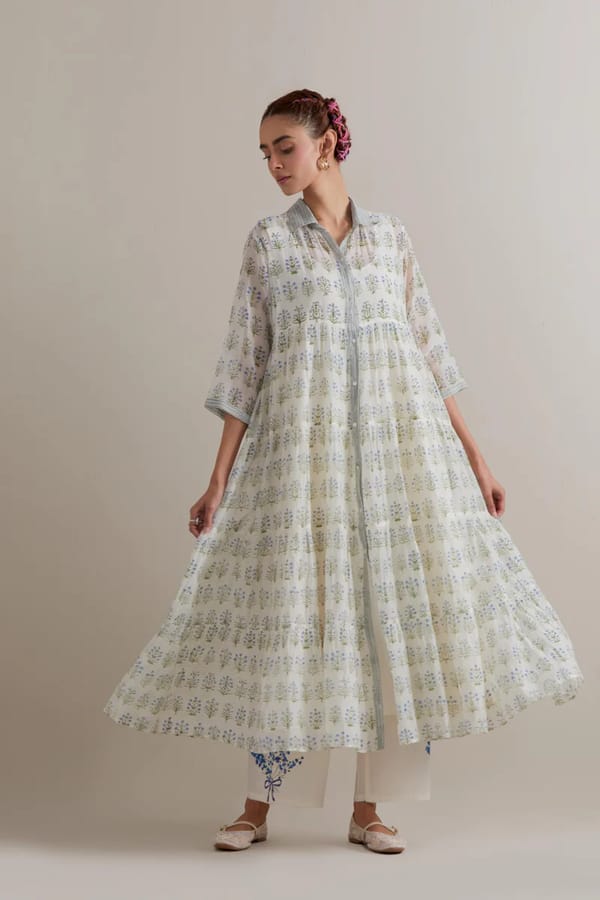 Blue/Green Floral Printed Tiered Kurta Set with Slip — Upavita