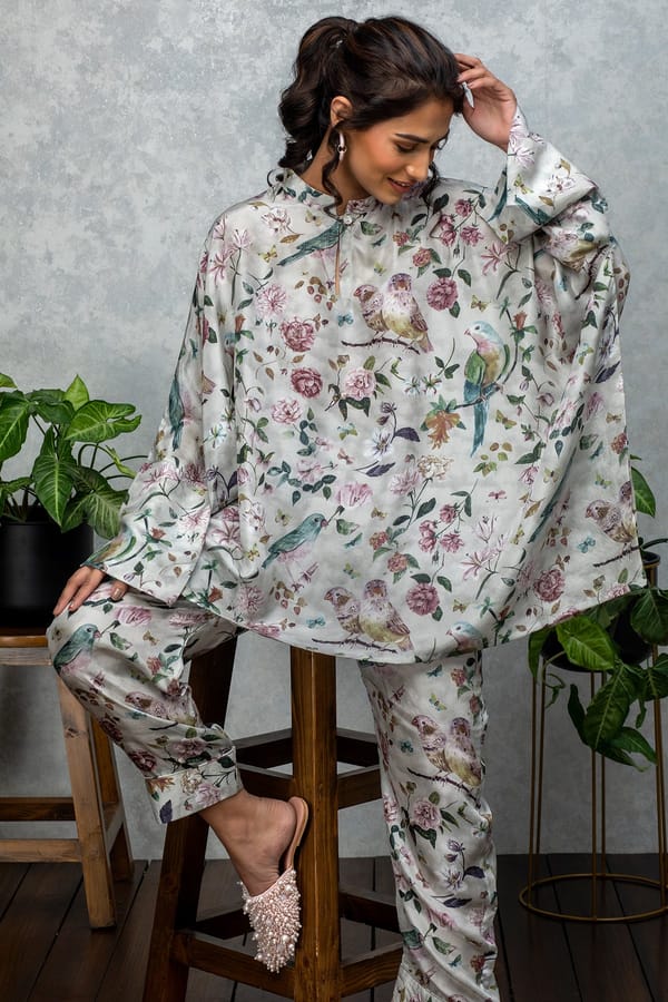 Grey/Multicolor Printed Silk Co-ord Set — Rhe-Ana