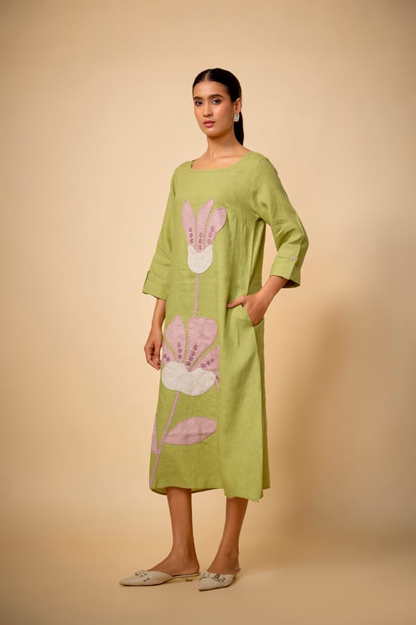 Pista Green Linen Midi Dress with Floral Applique — Linen Bloom