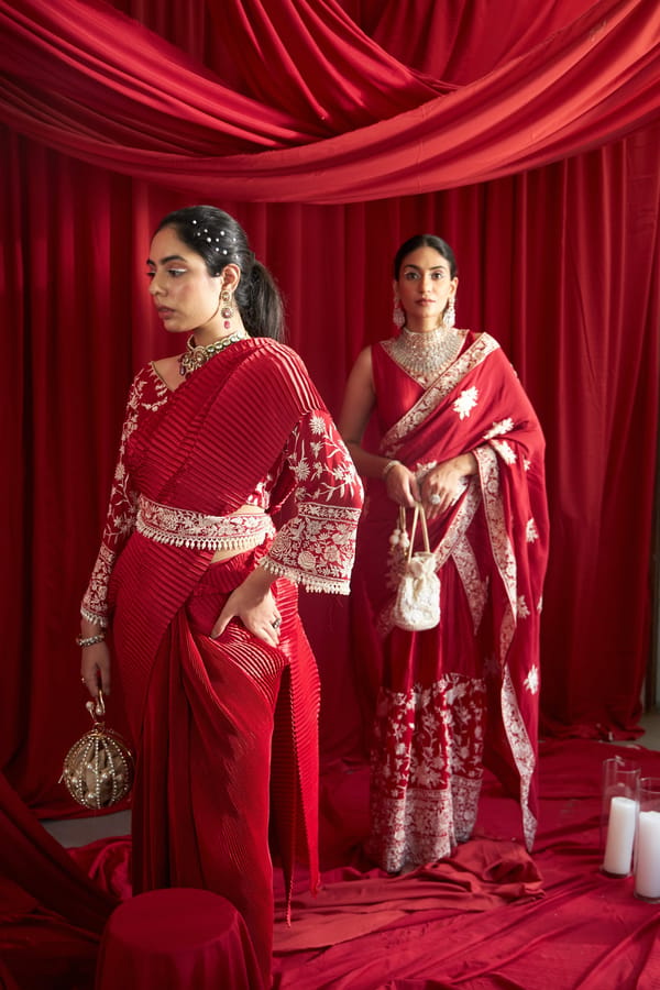 Red Pleated Gown Saree Set with Embroidered Palla — TASUVURE