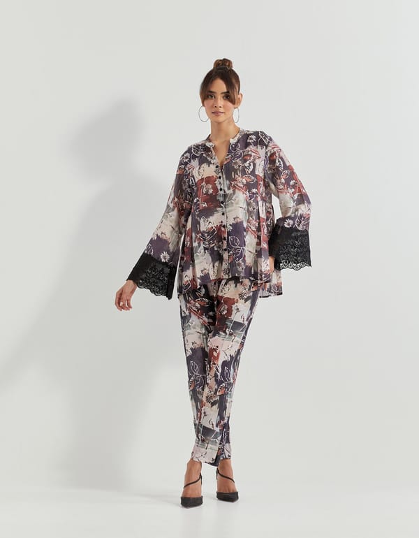 Black Printed Tunic and Pants Co-ord Set with Lace Cuffs — Kavita Bhartia