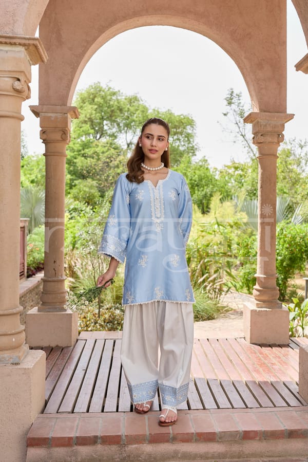 Blue Cotton Embroidered Kurta and Farshi Salwar Co-ord — NARAYANI VASTRA