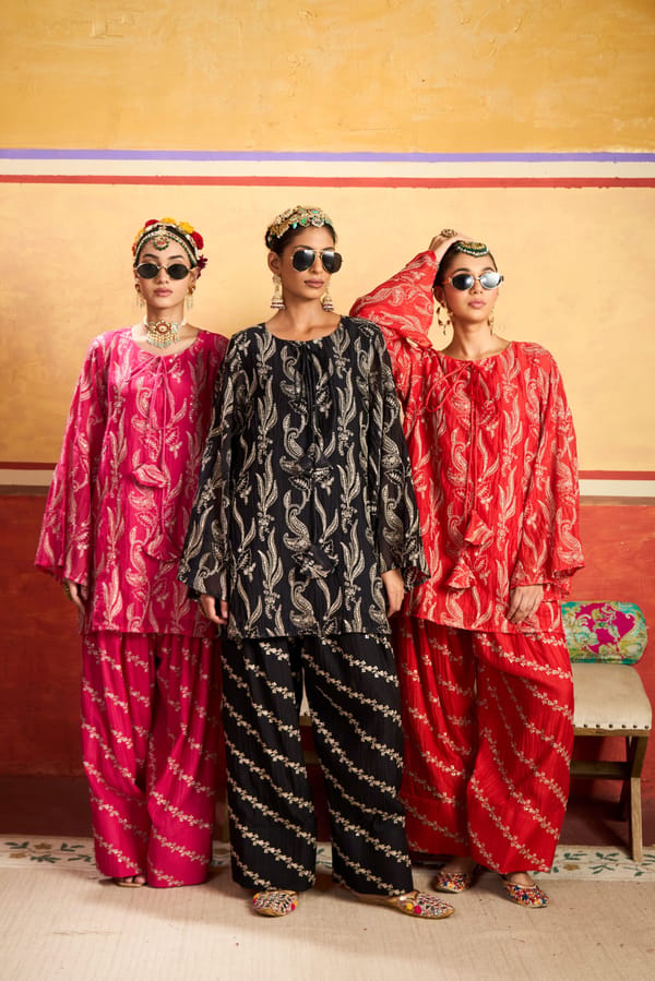 Pink Embroidered Kurta Set with Farshi Pants — TASUVURE