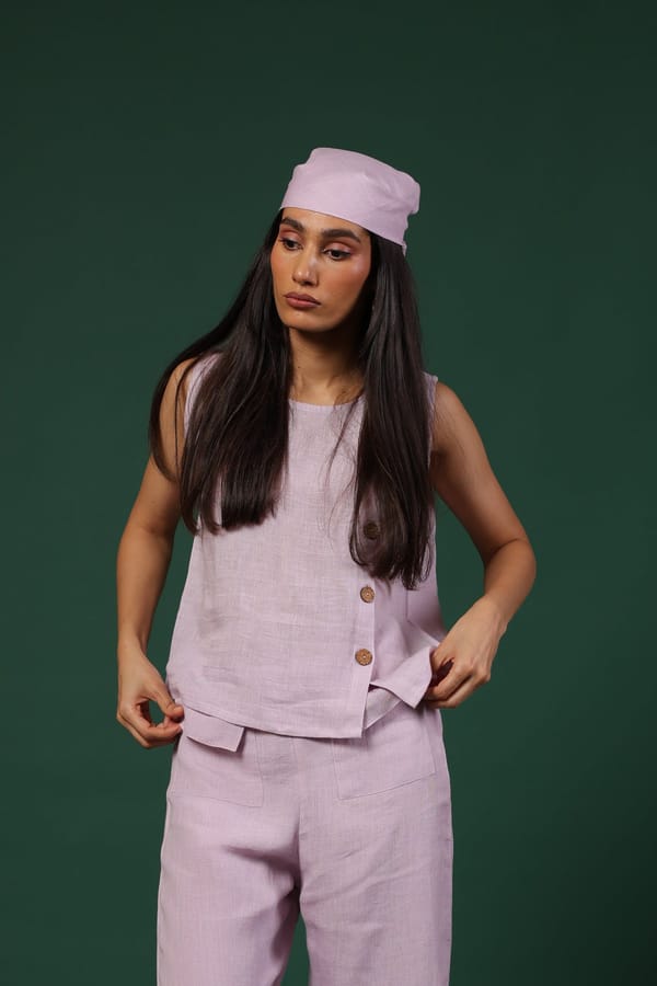 Lilac Linen Sleeveless Button-Front Top — TARU JAIPUR