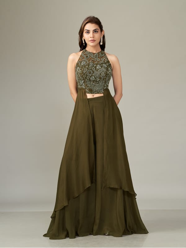 Green Embellished Halter Co-ord Set with Wide-Leg Pants — QUNIC