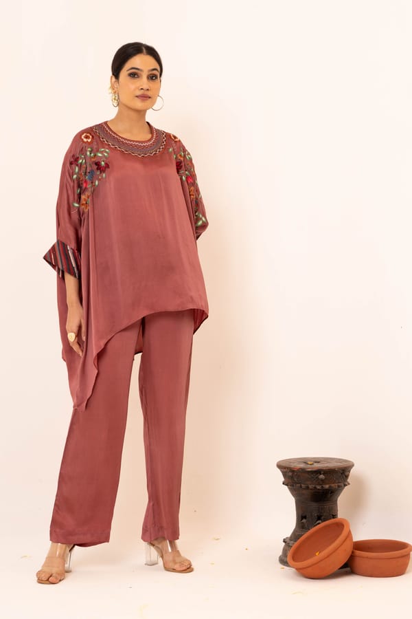 Onion Pink Bemberg Satin Embroidered Co-ord Set — NEETIKA CHOPRA
