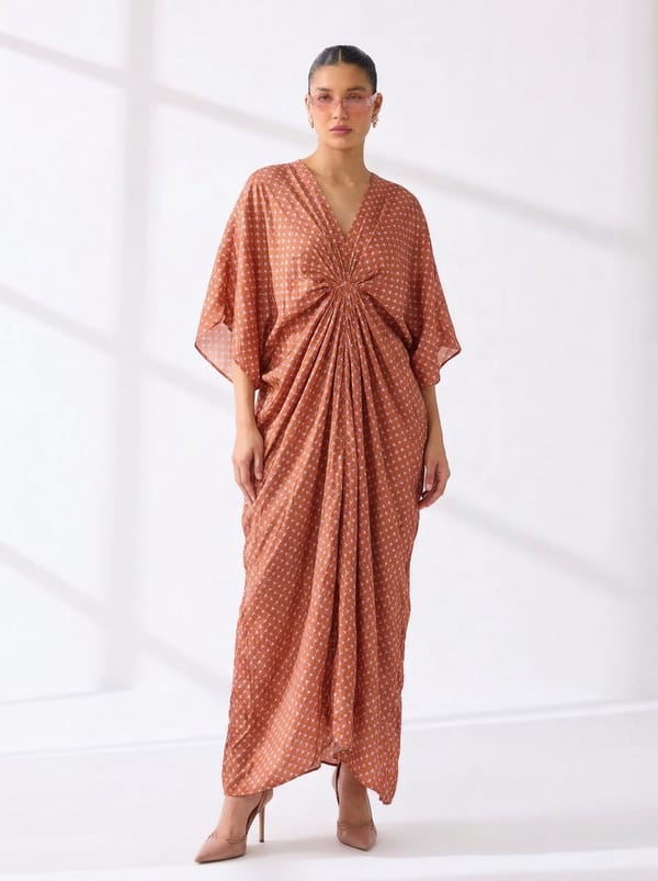 Rust Tessera Geometric Print Draped Maxi Kaftan — CUIN