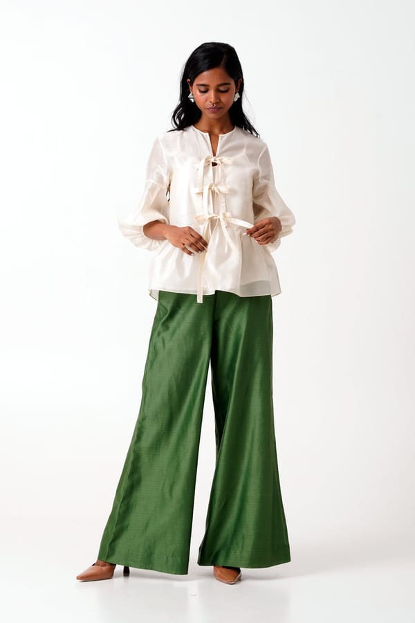 Ivory Tie-Up Peplum Top and Pine Green Pants Co-ord Set — Madder Much