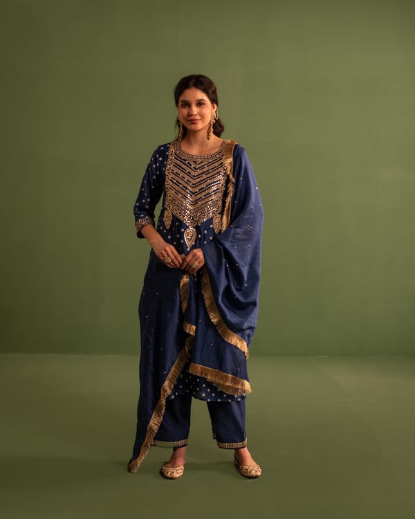 Blue Bandhani Gota Patti Chanderi Kurta Set with Dupatta — Kameez