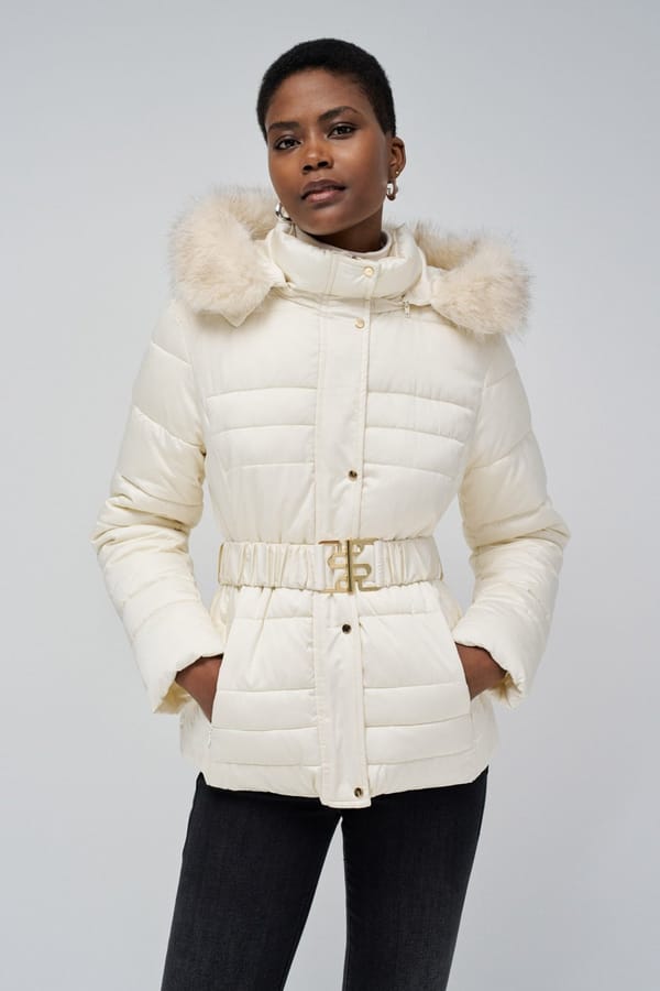 Light Beige Belted Hooded Puffer Coat with Faux Fur Trim — SALSA JEANS