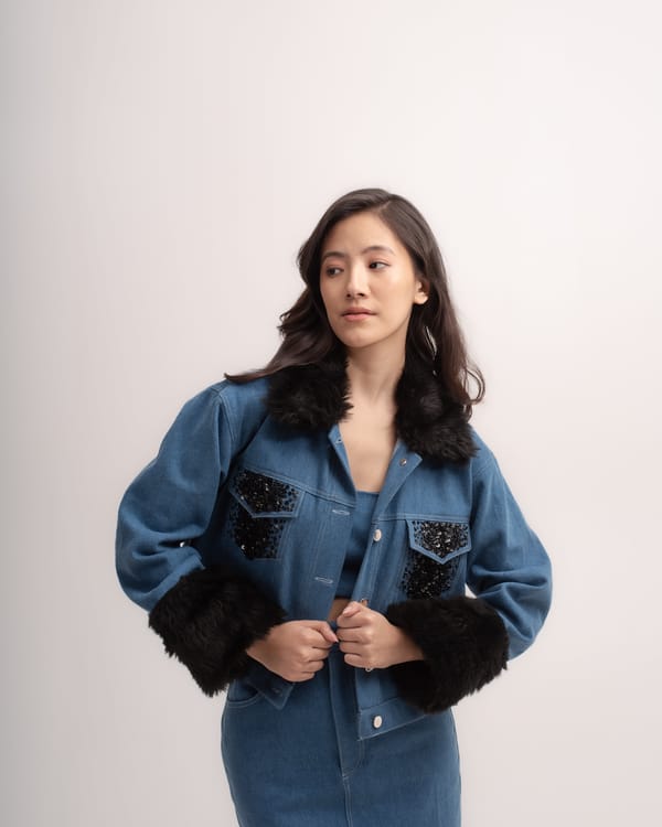 Blue Denim Faux-Fur Jacket with Sequin Pocket Detail — MAGIA