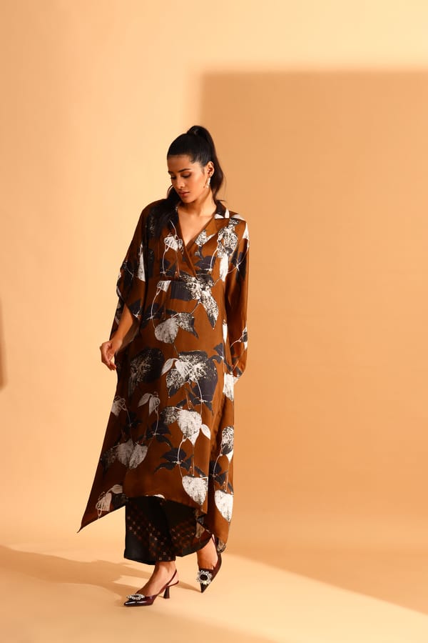 Brown/Black Abstract Printed V-Neck Kaftan — Moh India