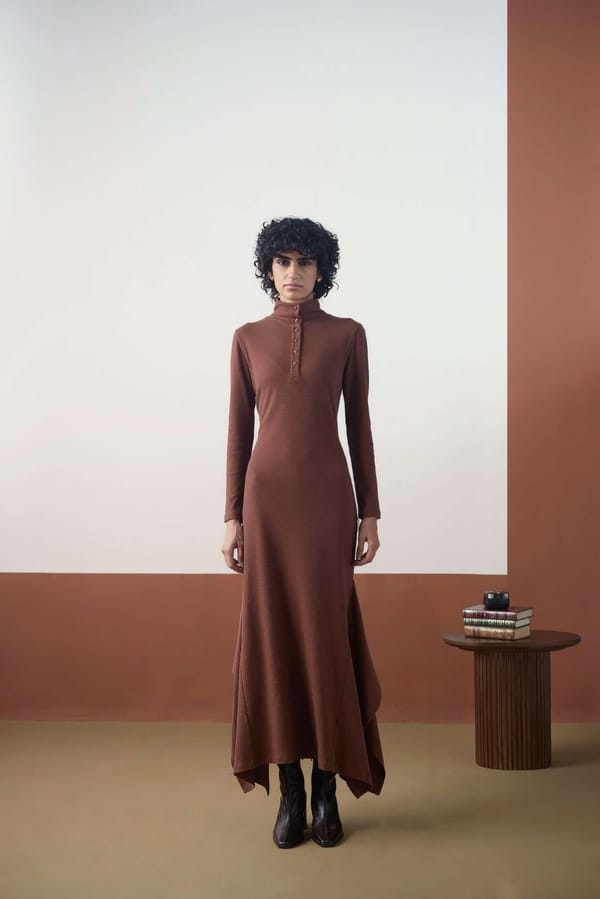 Brown Textured Jacquard Slim-Fit Maxi Dress — Muvazo
