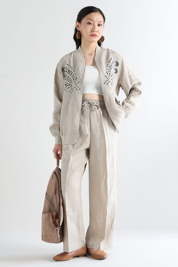 Beige Linen Wide-Leg Drawstring Trousers — Linen Bloom