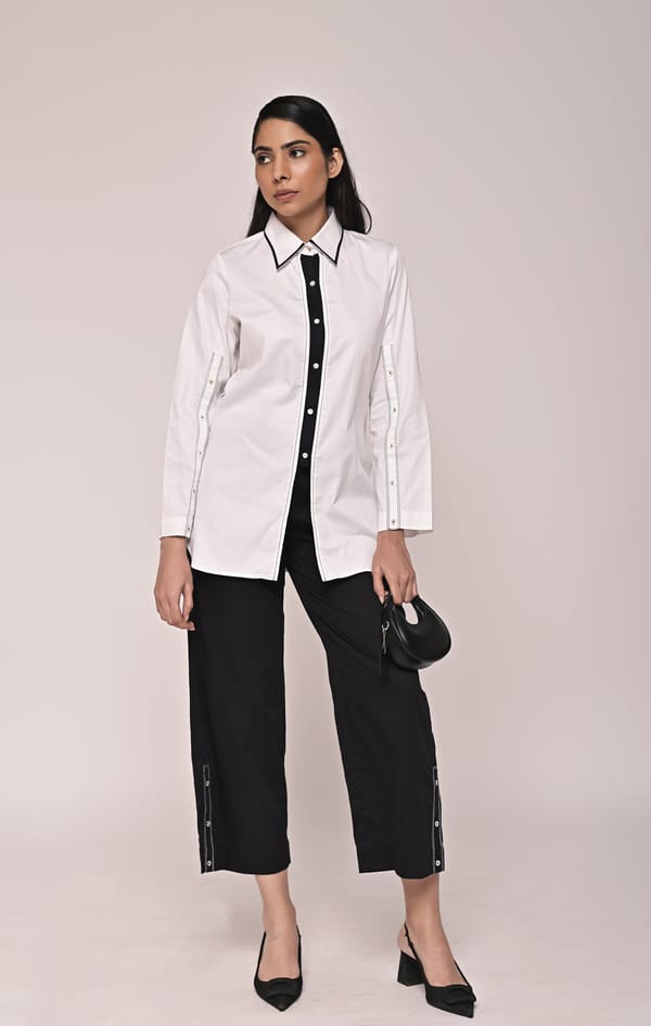 Black and White Cotton Satin Shirt and Pant Co-ord Set — Escape By Aishwarya
