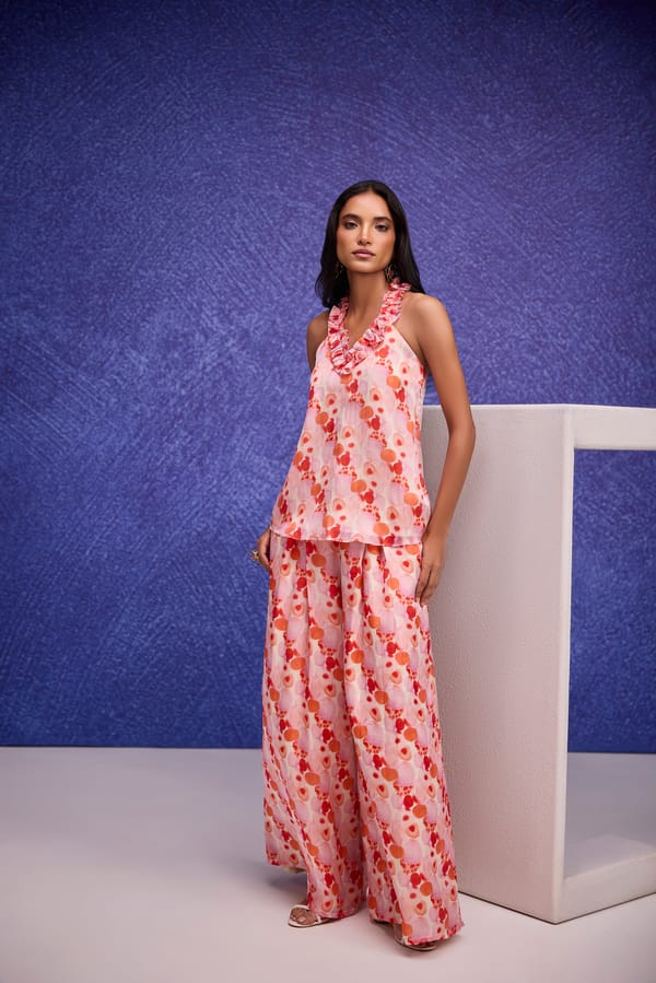 Red Silk Organza Abstract Print Flared Pants — Tara & I