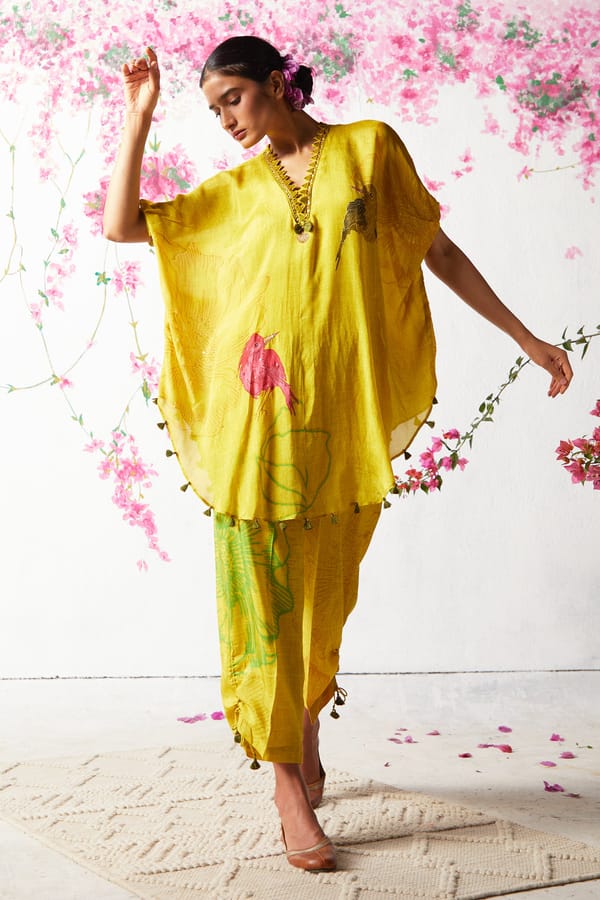 Yellow Chinon Chiffon Printed Kurta Pant Co-ord Set — Basil Leaf