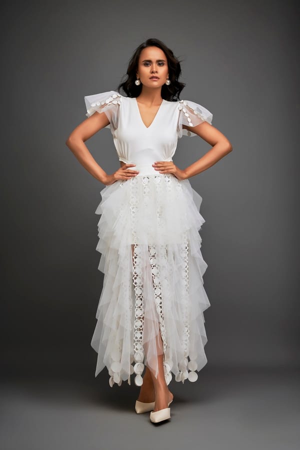 Fitted V-neck Top With Ruffled Sleeves And Sheer Cutwork Skirt — Deepika Arora