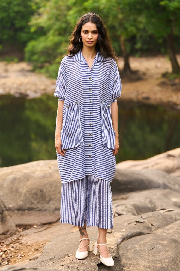 White/Blue Striped Boxy Longline Button-Down Shirt — Dash and Dot