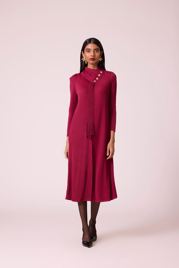 Crimson Red Pleated Midi Shift Dress with Scarf Neck — Scarlet Sage