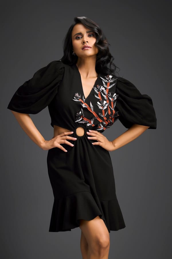 Black V-Neck Cut-Out Embroidered Dress — Deepika Arora