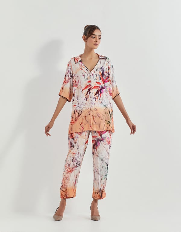 Pink Printed Georgette Tunic and Pants Co-ord Set — Kavita Bhartia