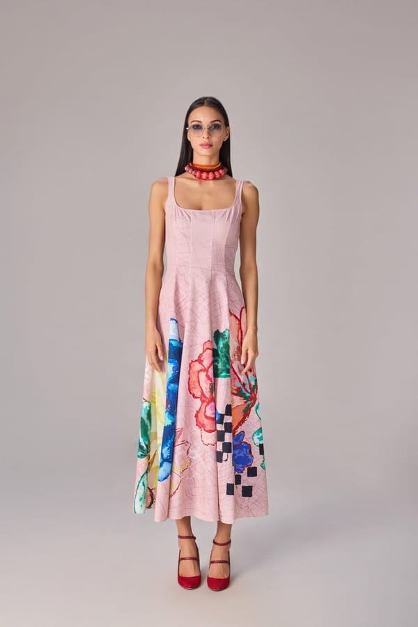 Light Pink Floral Placement Print Fit and Flare Midi Dress — Saaksha and Kinni