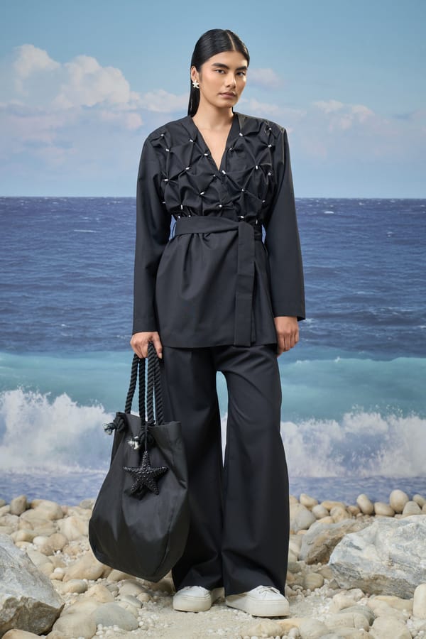 Black Cotton Linen Smocked V-Neck Relaxed Jacket — Genes Lecoanet Hemant