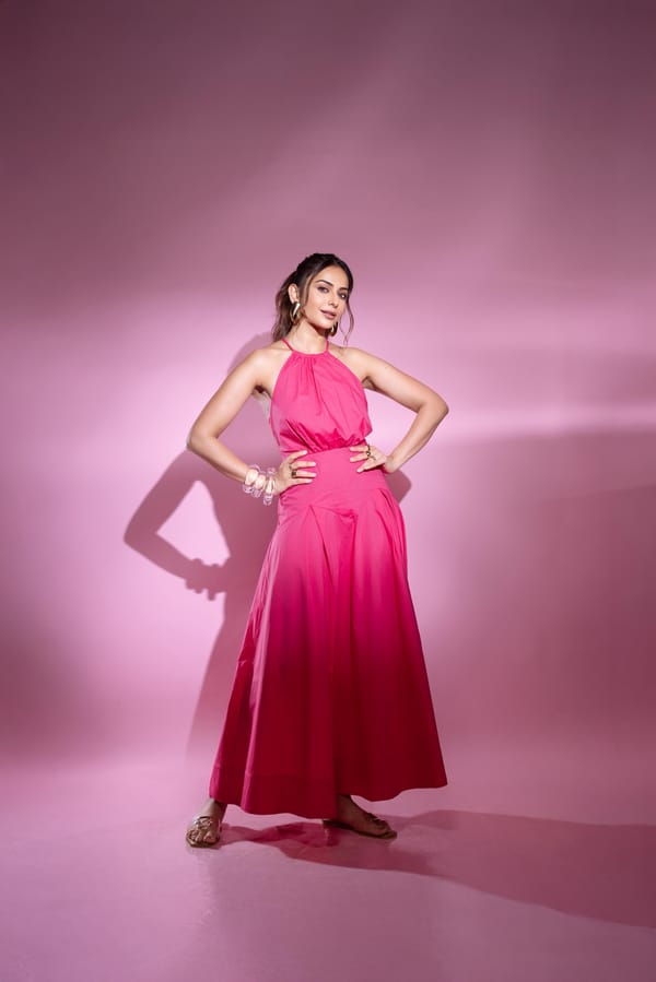 Hot Pink Cotton Halter Neck Midi Dress with Dropped Waist — KAREN MILLEN