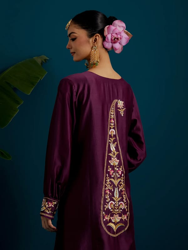 Purple Silk Chanderi Straight Kurta with Back Motif — Anantaa