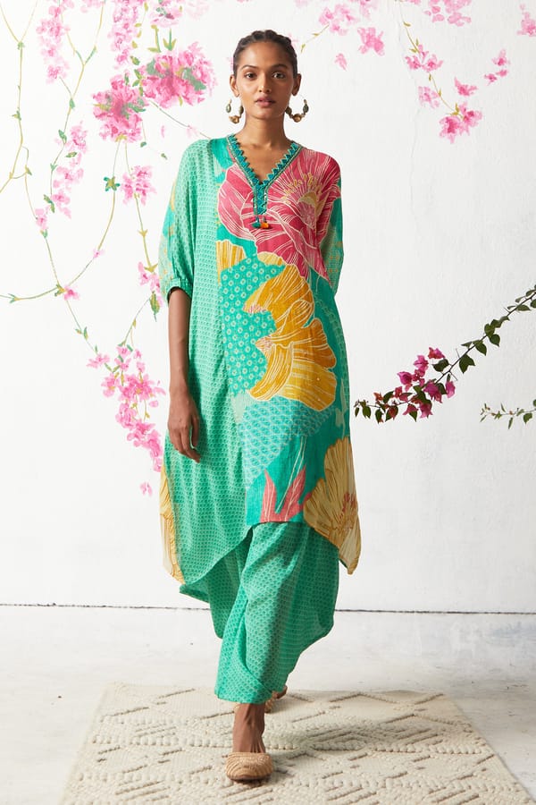 Green Chinon Chiffon Printed Co-ord Set with V-Neck — Basil Leaf