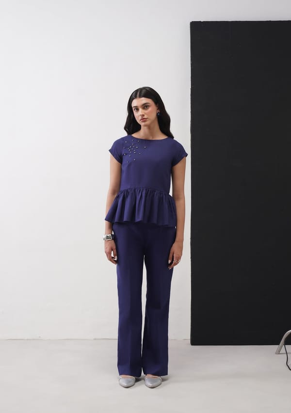 Navy Blue Peplum Top with Shoulder Embellishment — AMOSHI