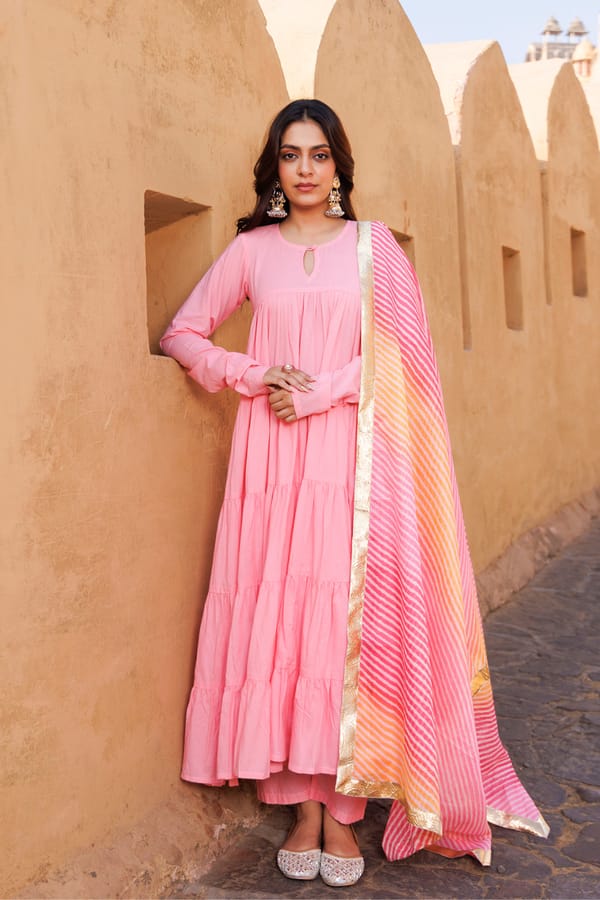 Pink Flared Cotton Anarkali Set — Bannhi by Priyanka Rathore