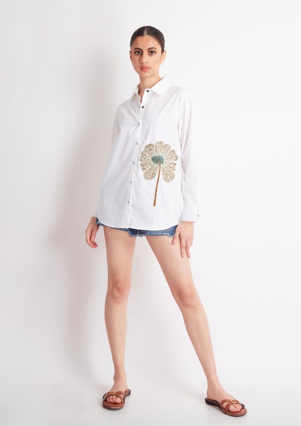 White Comfort Fit Cotton Shirt with Embroidery — Richa Goenka