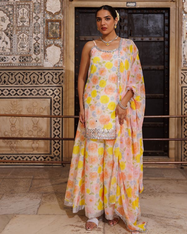 Ivory & Yellow Floral Gota Patti Sharara Set — Bannhi by Priyanka Rathore