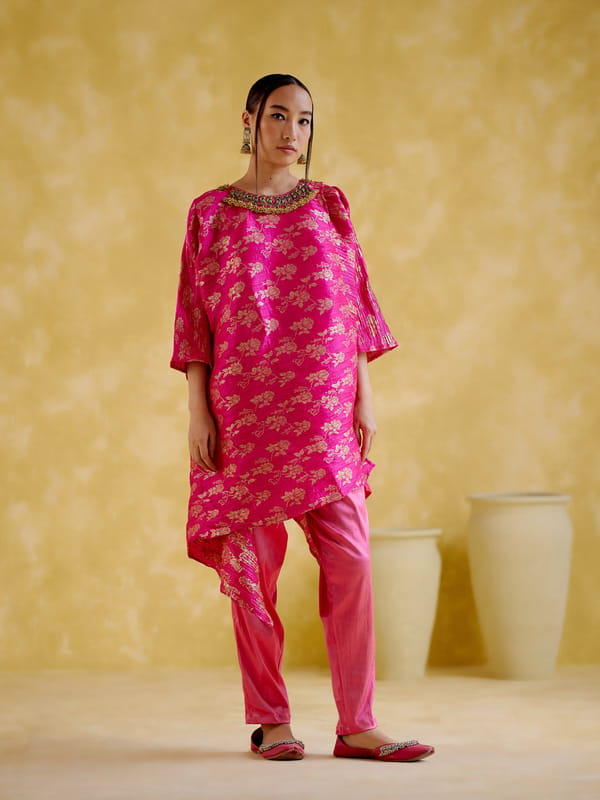 Pink Floral Brocade Kaftan Top and Pant Co-ord Set — 5 Elements