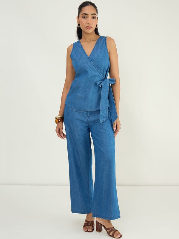 Mid Blue Denim-Look Wrap Top and Wide-Leg Co-ord Set — Femmella