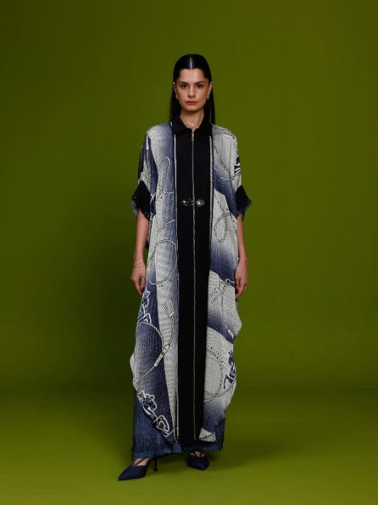 Ivory/Denim Graphic Kaftan and Wide-Leg Pant Co-ord Set — Kamaali Pret