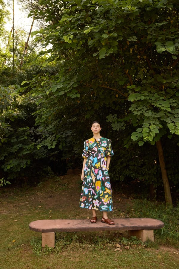Deep Green Floral Poplin Midi Dress with Waist Tie — HAPPI SPACE