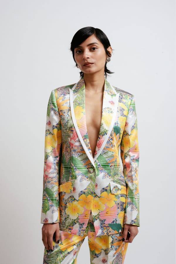 Multicolor Digital Print Tailored Jacket with Peak Lapels — White Saturn