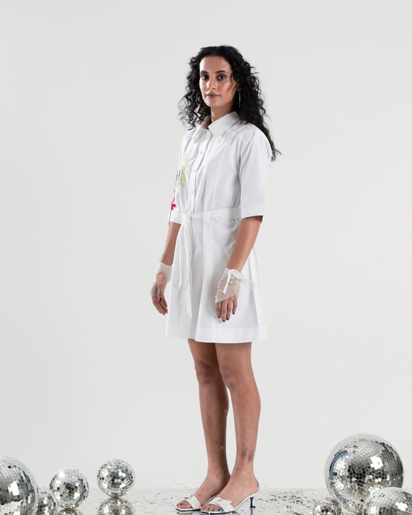 White Embroidered Shirt Dress with Tie-Up Waist — Ang-sa