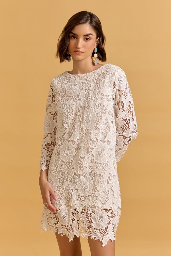 White Lace Boat Neck Mini Dress with 3/4 Sleeves — AVERIE